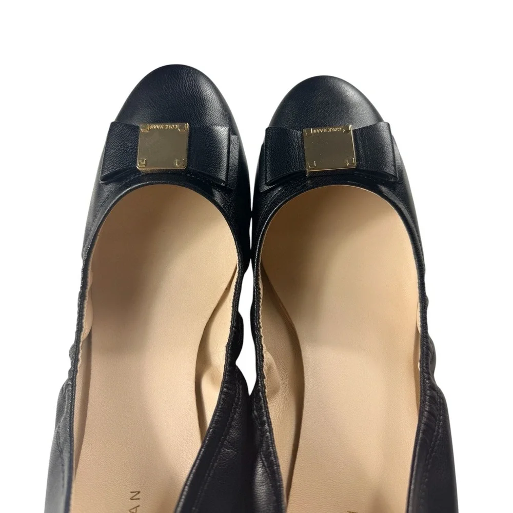 Cole Haan Tali Bow Ballet Flats Black Leather Gold Hardware D43262 Womens 10.5 B